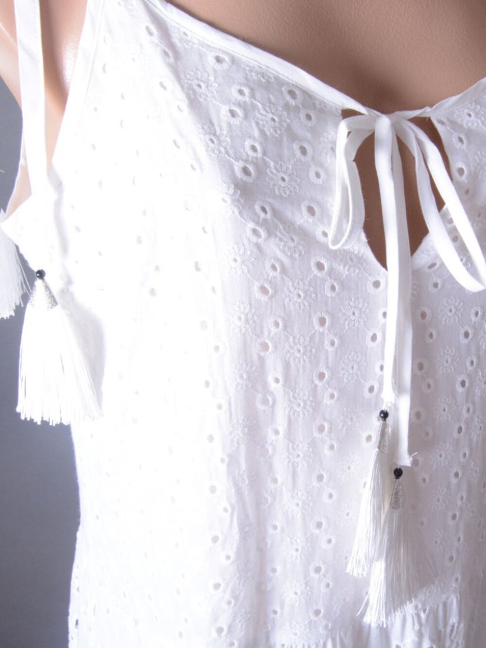 White Tiered Crochet Eyelet Fringe Bohemian Sleeveless Bow Summer Long Dress - Picture 11 of 11